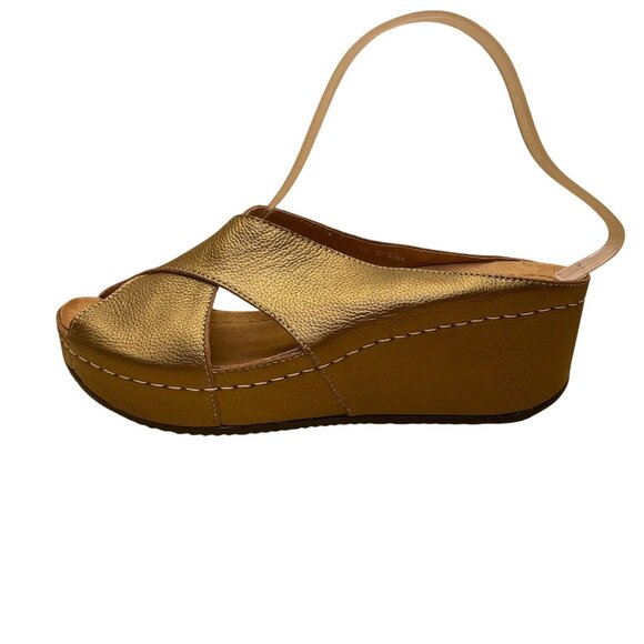 Cazen Japan Women’s Gold Leather Crossed Strap Wedge Slide Sandals Size EU37/US7 - Picture 2 of 8